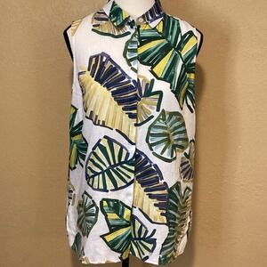 Layfayette 148 Cream/Green/Yellow Sleeveless Palm shirt, Size Small,‎ 100% Linen